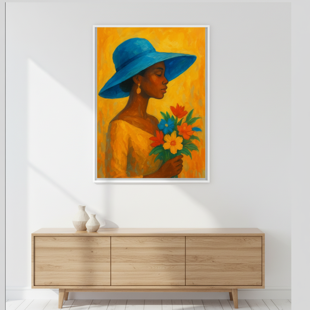 Piece African Woman Wall Art Set – Bold Orange Blue Yellow Portrait | Hat & Bouquet | 16×20 / 18×24 / 24×36