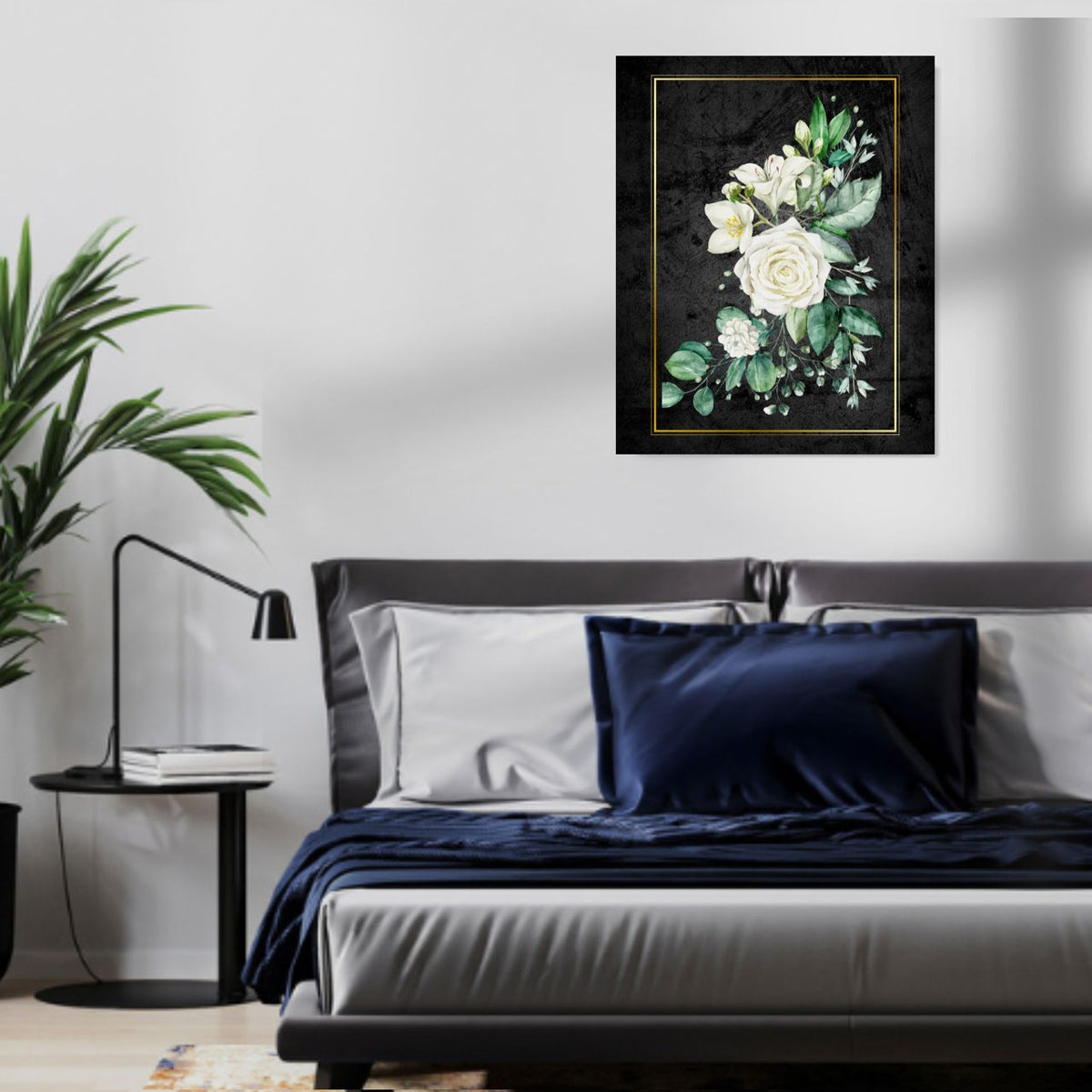 Degeta Wall Art Set of 3 – Green Flora on Glossy Background with Gold Frame Accents (Digital Download)