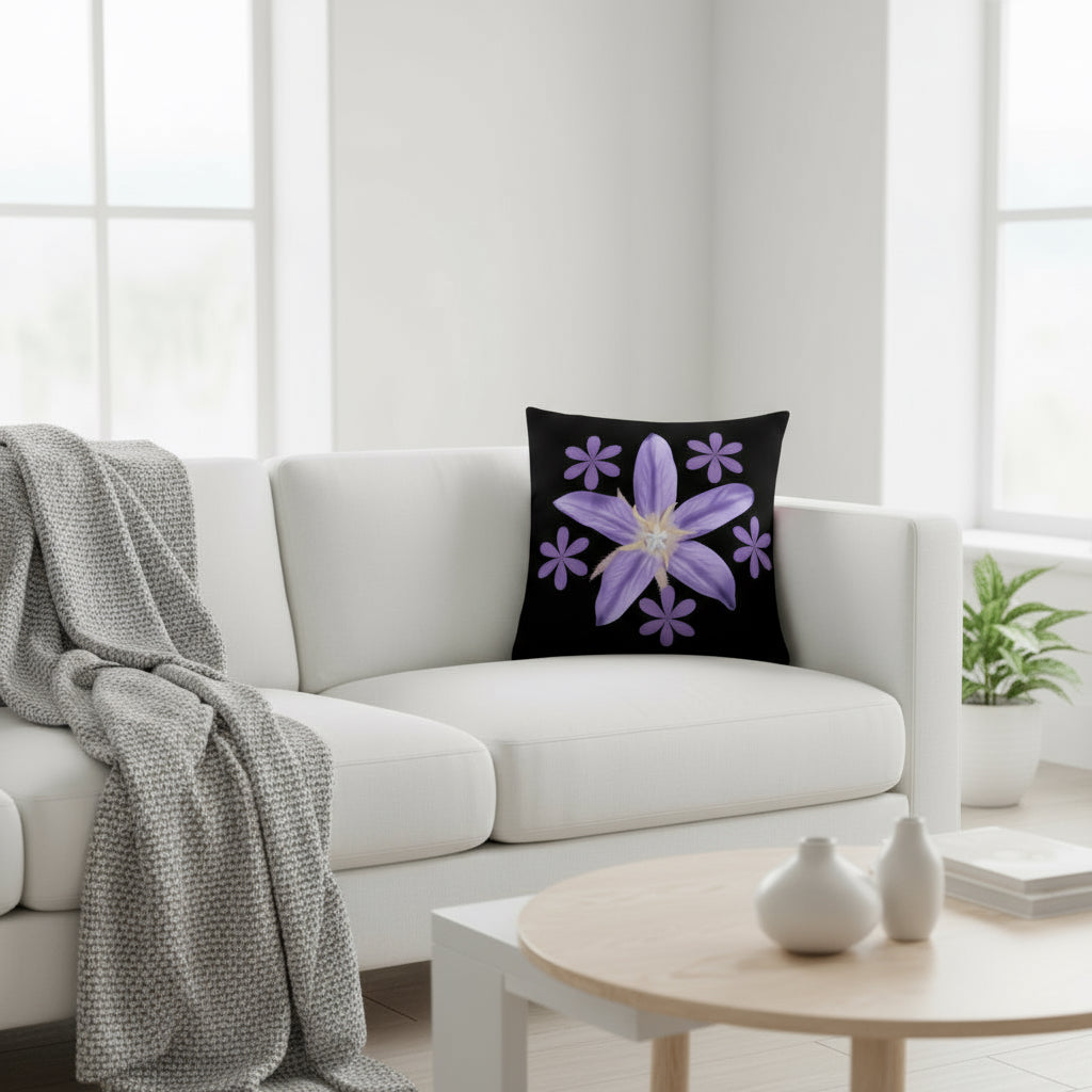 Black Throw Pillow with Purple Flower Cluster – 18x18” | Bold Floral Centerpiece Cushion