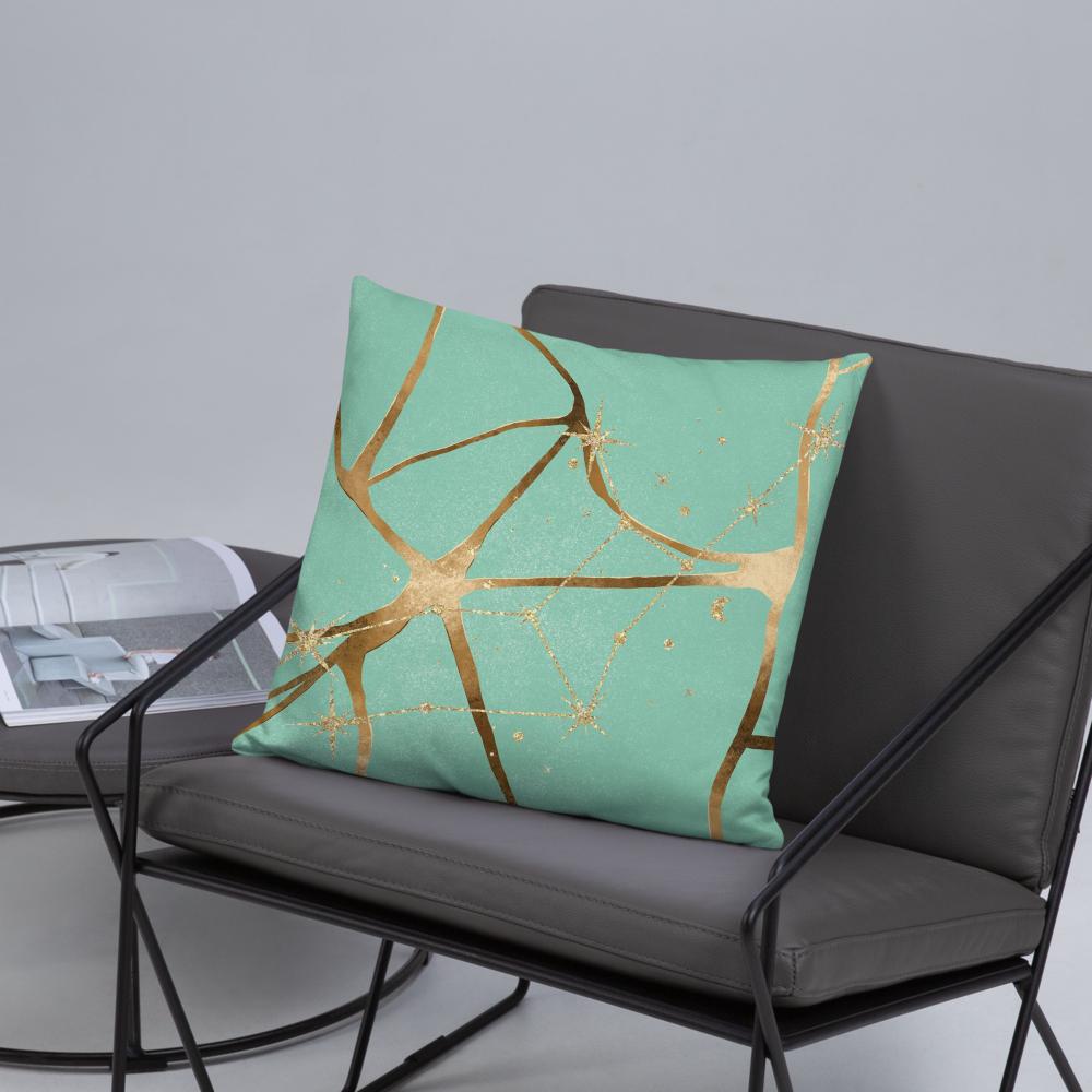 Green Throw Pillow with Gold Patterns – 18x18” | Elegant Luxe Accent Cushion