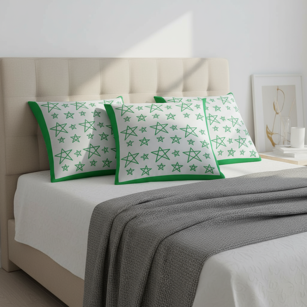 22x22 Green & White Star Throw Pillow – Modern Cushion with Green Borders