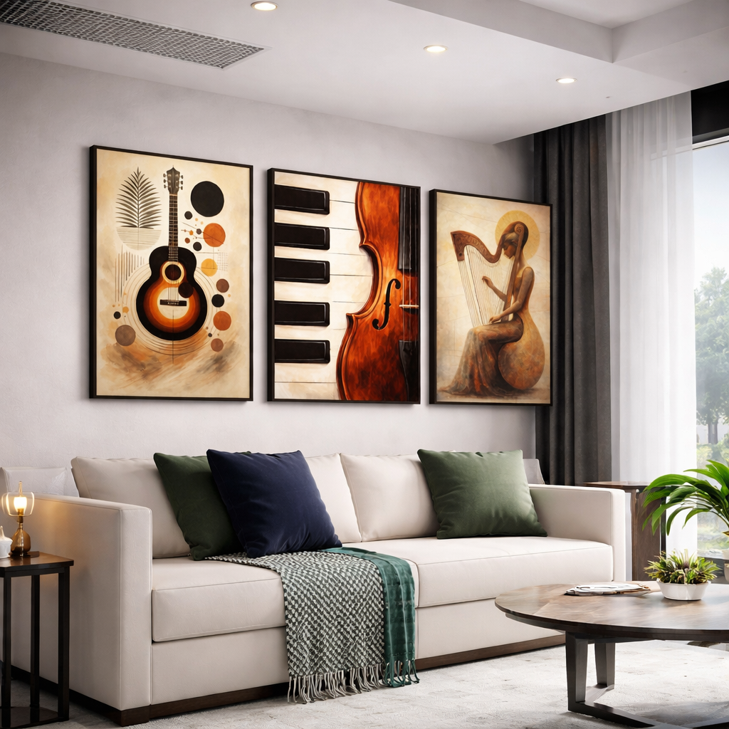 Music-Inspired Portrait Wall Art Set – Guitar, Piano & Harp | Digital Download(3-Set)
