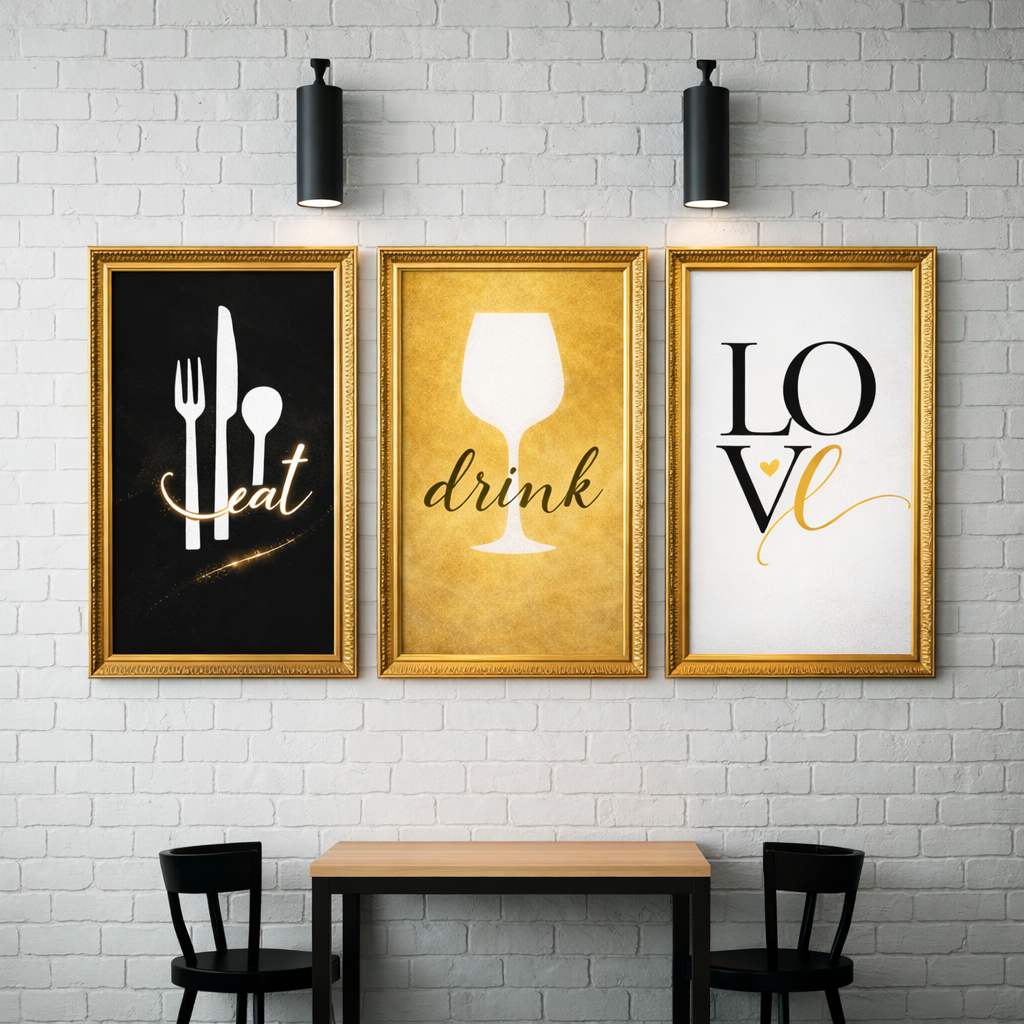 Eat Drink Love Wall Art Set – Modern Kitchen Printable Decor – Gold and Black Dining Room Digital Download (11x14, 16x20, 18x24, 24x36)