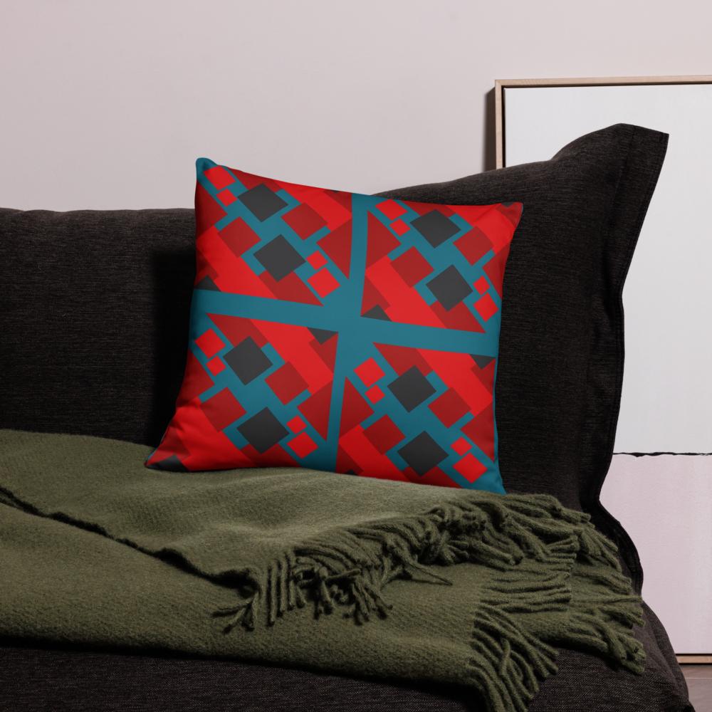 Geometric Red Shapes Throw Pillow – 18x18” | Modern Abstract Decor in Navy Green