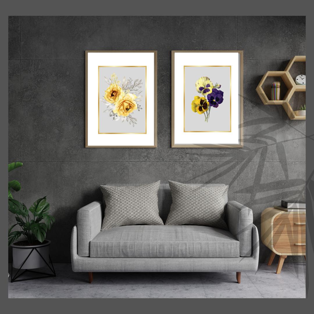 Gold Border Gray Center Yellow Flower – 2 Piece Digital Wall Art Set – Digital Download