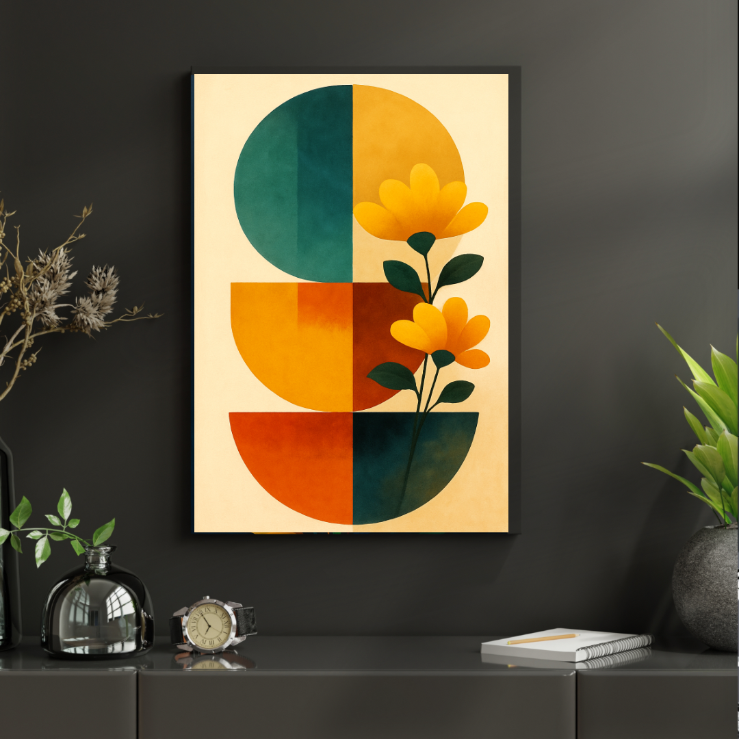 Boho Wall Art Digital Download – Yellow Flower Portrait with Green Shapes (16x20, 18x24, 24x36)