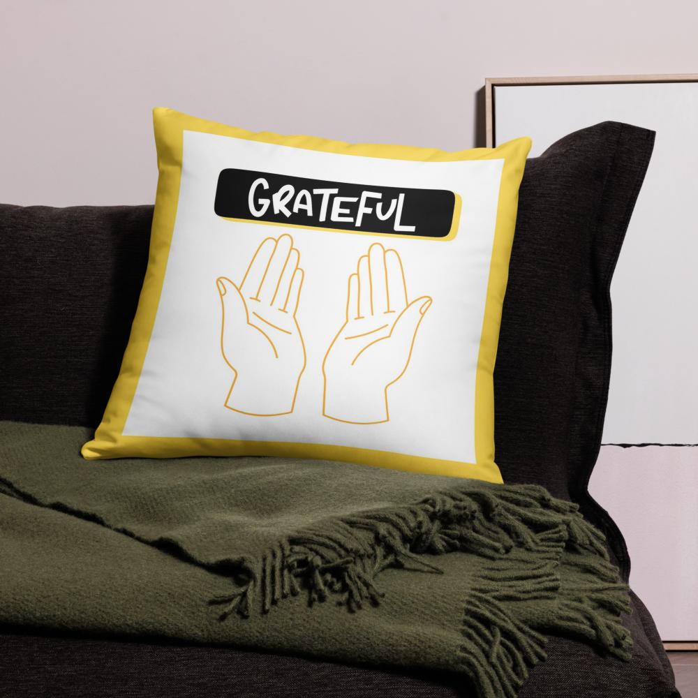 Grateful Thanksgiving Pillow – 22x22” White & Yellow Cushion with Open Palms