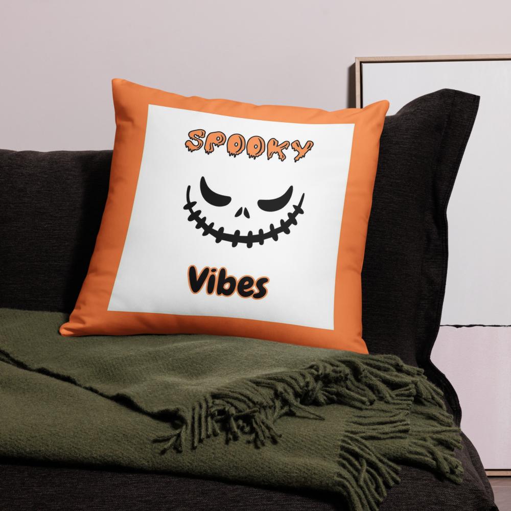 Spooky Vibes Halloween Pillow – 18x18 Orange & White Throw Cushion