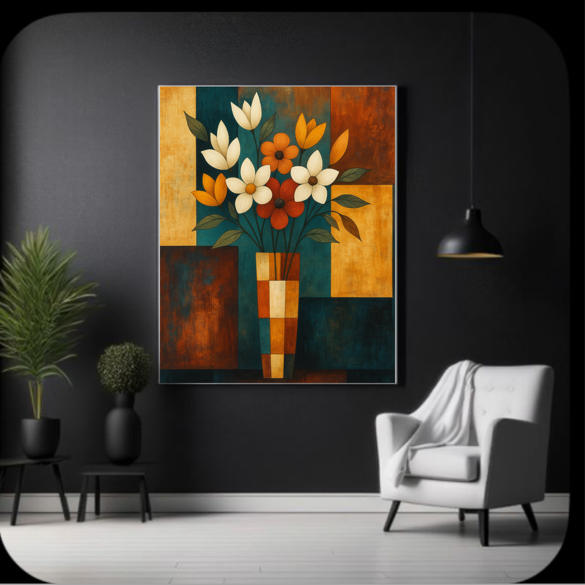 Elegant Floral Vase Wall Art – Green, Burnt Orange & Gold Checkered Background | Printable Digital Download