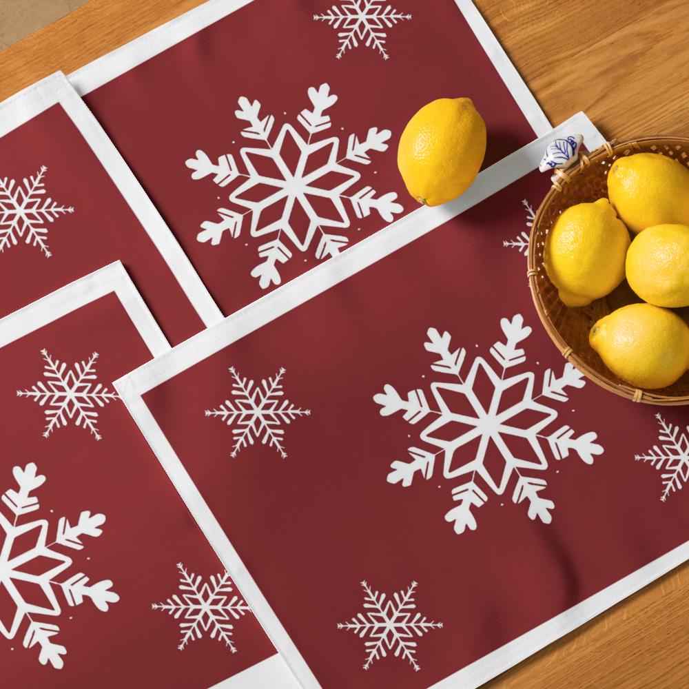 Red Christmas Placemat Set – 4-Pack 18x14 Holiday Table Placemats with White Accents