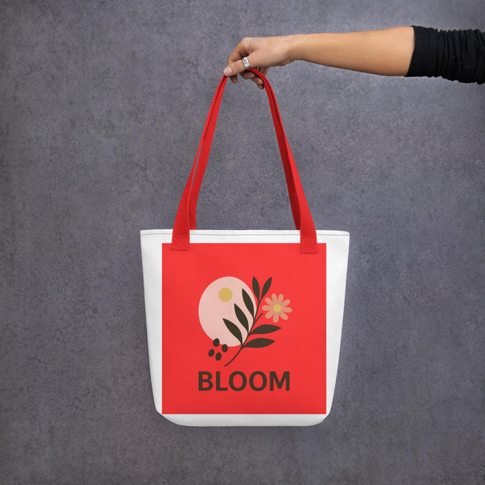 Red & White “BLOOM” Boho Tote Bag – 15”x15” Stylish Everyday Carryall