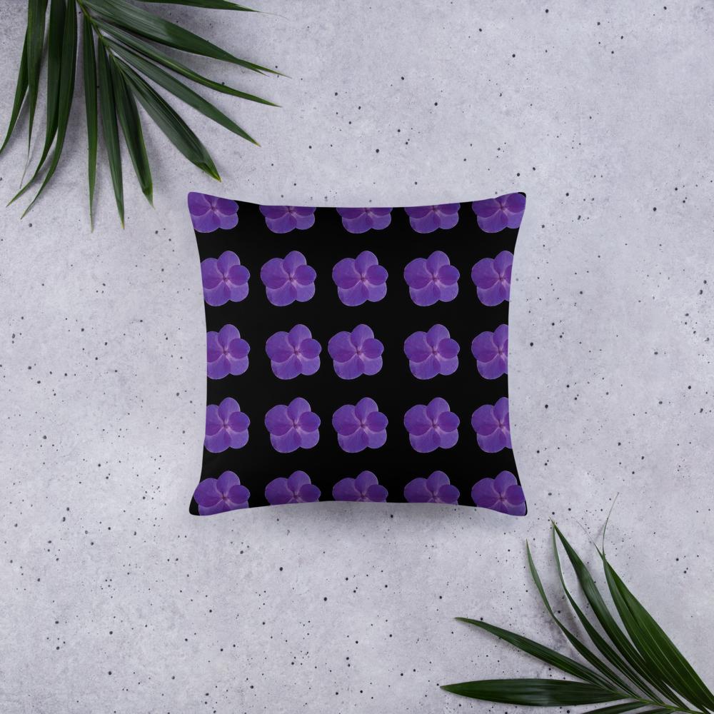 Black Throw Pillow with Lined Purple Flowers – 18x18” | Modern Minimal Floral Pattern