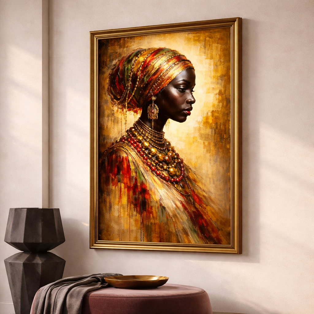 Luxury Afrocentric Queen Wall Art Set – Red & Gold African Woman Portraits – Bold Bedroom Decor – Modern Black Woman Printable (11x14, 16x20, 18x24, 24x36)