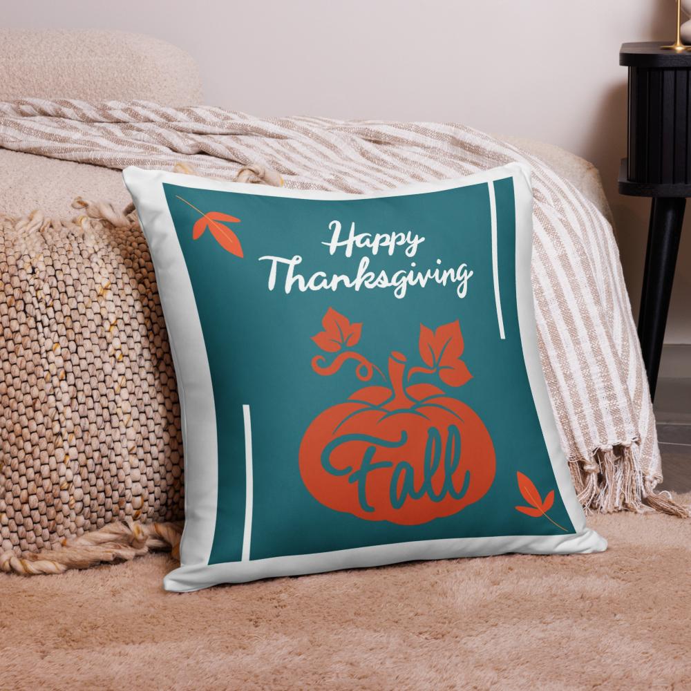 Happy Thanksgiving & Fall Throw Pillow – Teal, Orange & White | 22×22 Inches