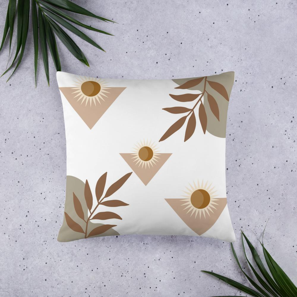 White Throw Pillow with Brown Boho Designs – Decorative Cushion 22x22”