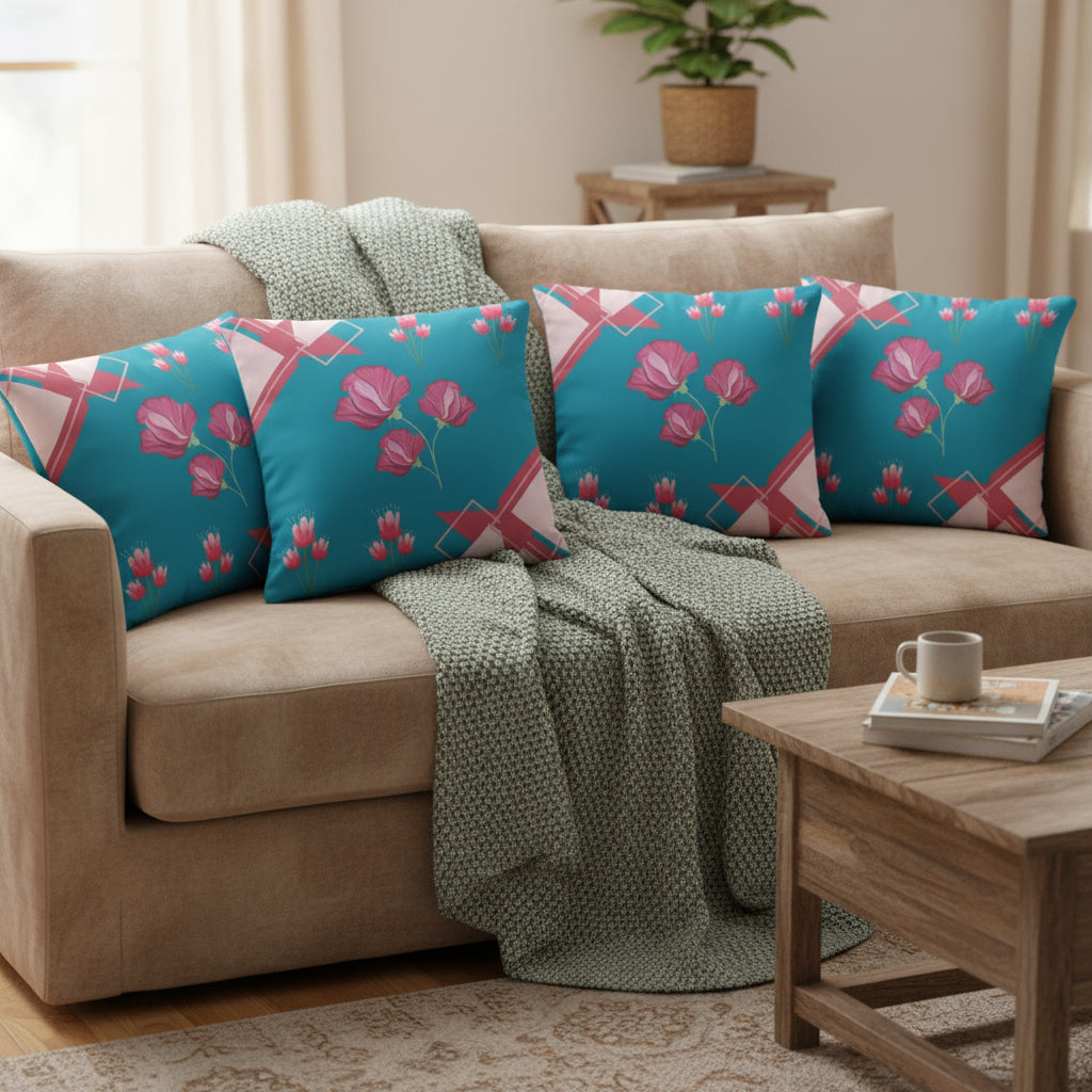 Blue Throw Pillow with Pink Flower & Triangle Accents – 18x18” | Bold Floral Geometric Design