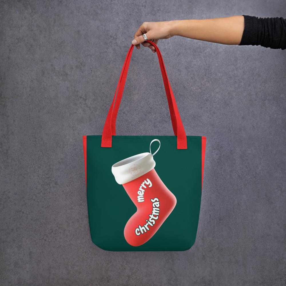 Christmas Tote Bag – Green & Red Festive Reusable Holiday Tote with Christmas Elements
