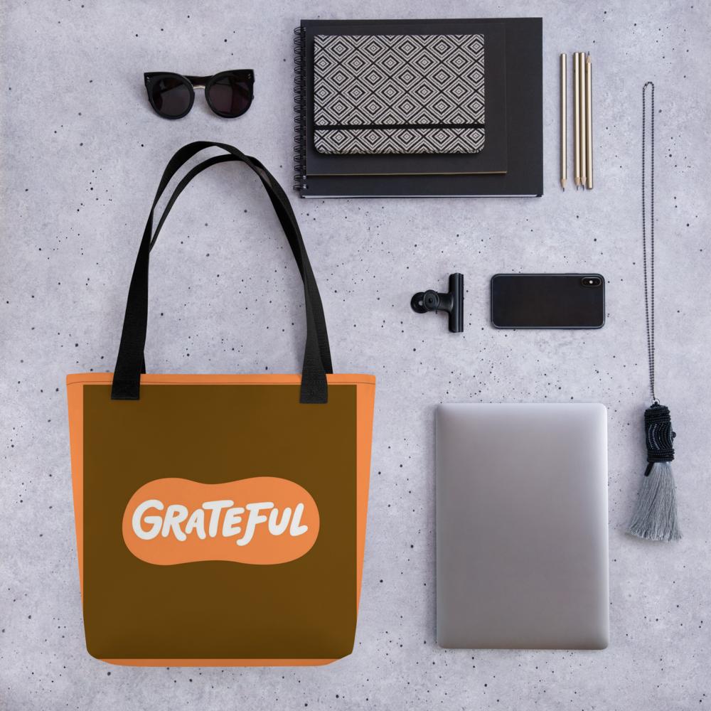 Brown & Orange “GRATEFUL” Tote Bag – 15”x15” Thanksgiving & Everyday Carryall