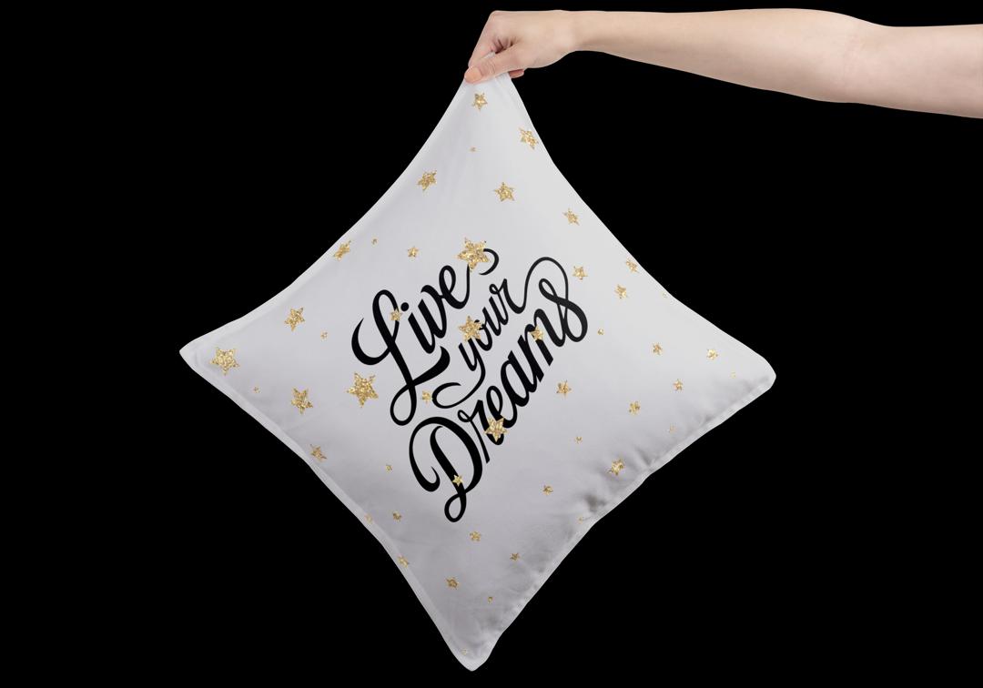 Live Your Dreams Throw Pillow – Inspirational Quote with Gold Stars (18x18”)