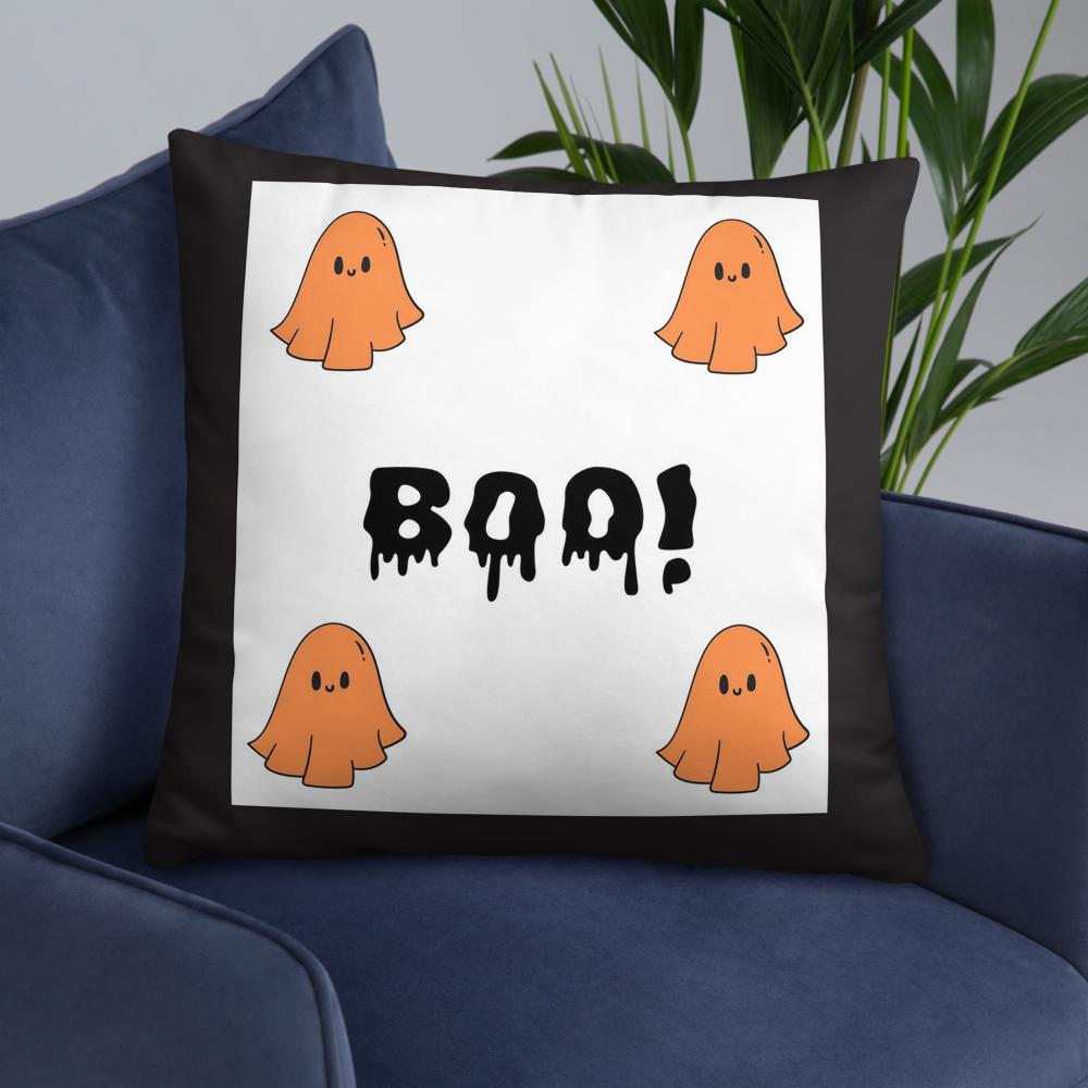 Halloween B.O.O. Throw Pillow – 18x18 Black, White & Orange Accent Cushion