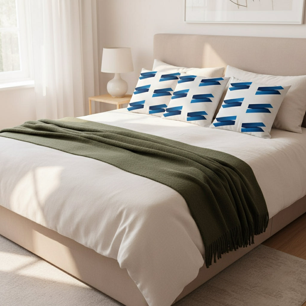 | White Throw Pillow with Blue Accents – Elegant 18x18 Decorative Cushion for Sofa or Bedroom”