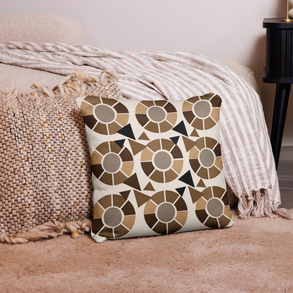 Modern Geometric Throw Pillow – 18x18” Brown, Beige & Black Accent on Light Tan Background