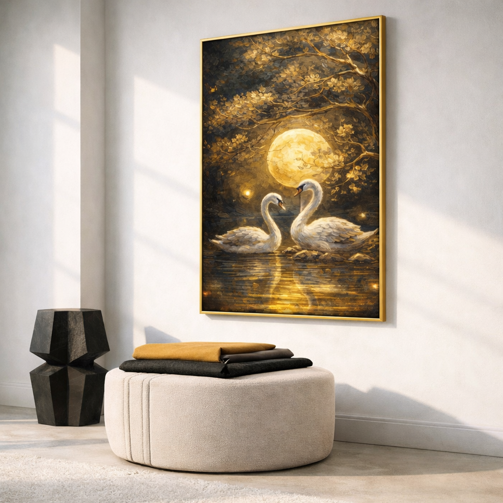 Golden Swan Wall Art Set – Romantic Moonlight Printable Decor – Luxury Love Inspired Digital Download (11x14, 16x20, 18x24, 24x36)