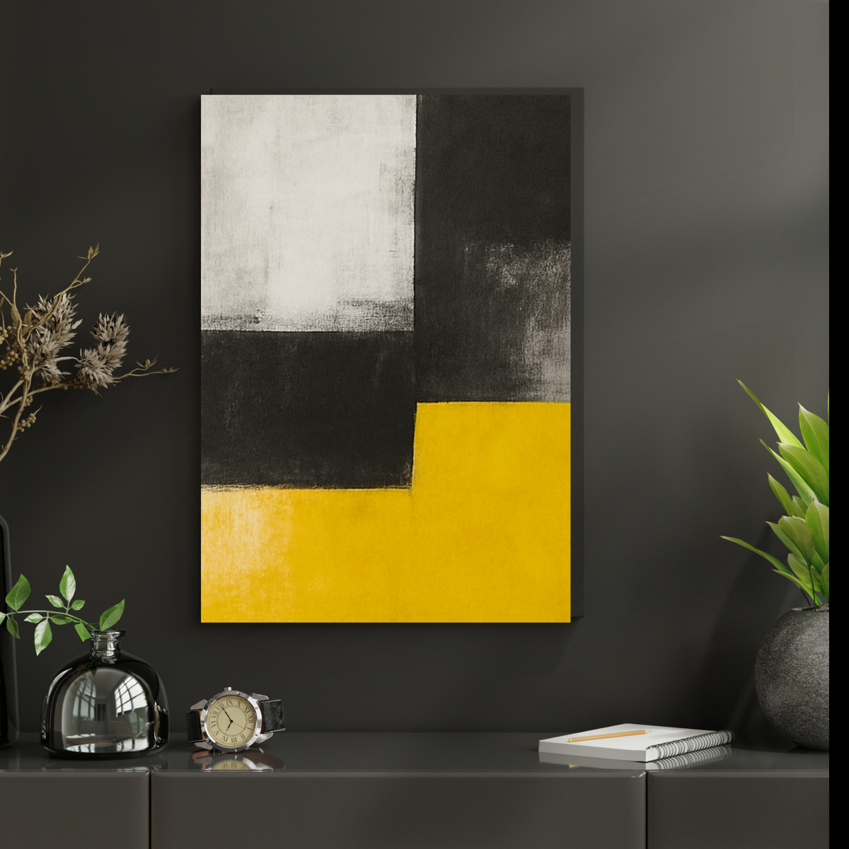 Portrait Abstract Wall Art – Black, Yellow & White Printable Poster (16x20, 18x24, 24x36) – Set of 2 Digital Prints