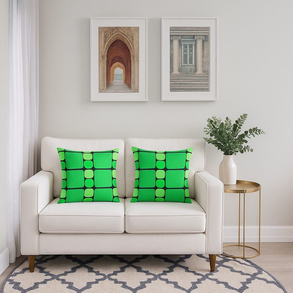 Green Geometric Throw Pillow – 18x18” Square, Circle & Triangle Pattern for Modern Home Décor