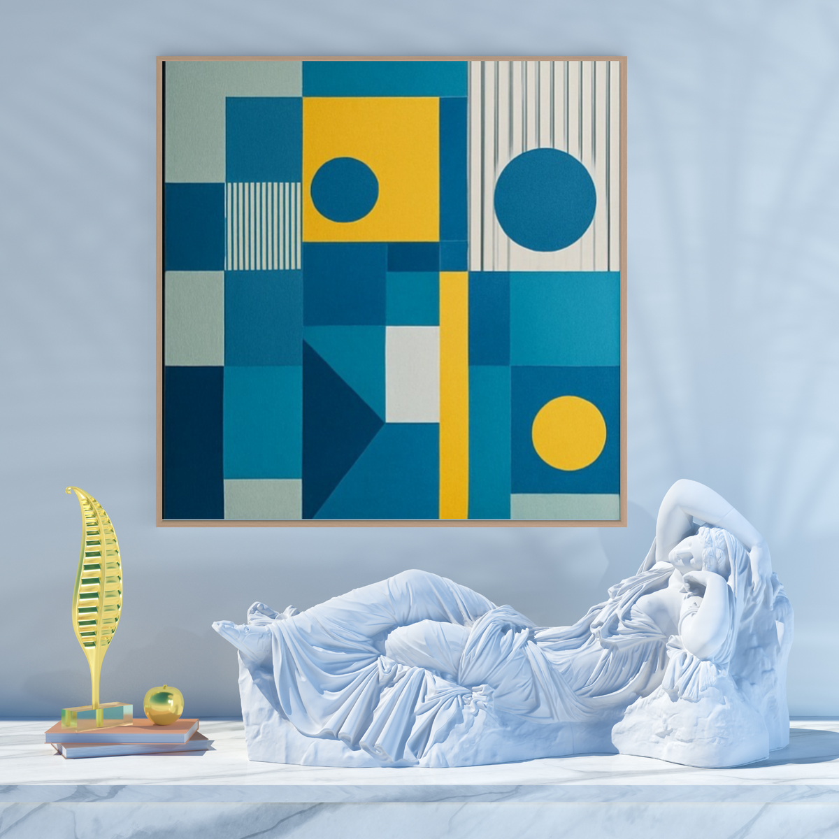 Digital Abstract Wall Art – Square Yellow, White & Blue Design | 20x20, 24x24, 36x36