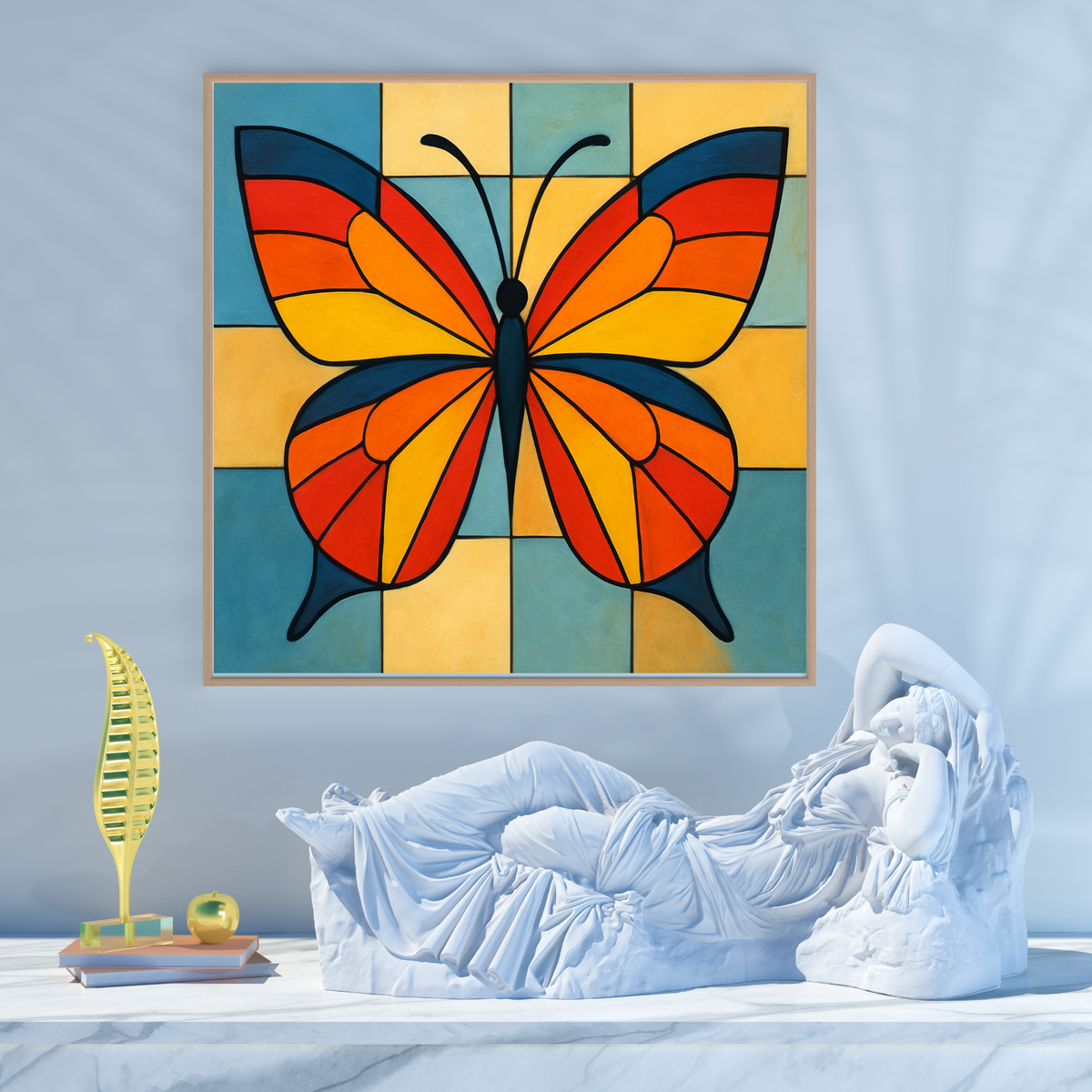 Square Butterfly Wall Art – Colorful Butterfly on Green & Yellow Checkered Background (20x20, 24x24, 36x36 Digital Print)