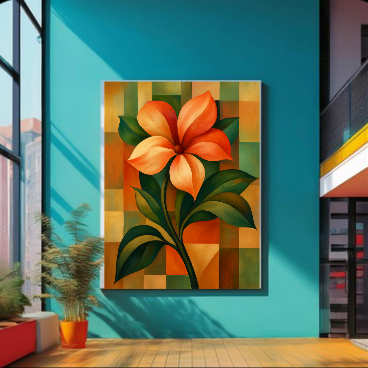 Orange Botanical Flower Wall Art – Vibrant Printable Floral Poster on Patterned Background