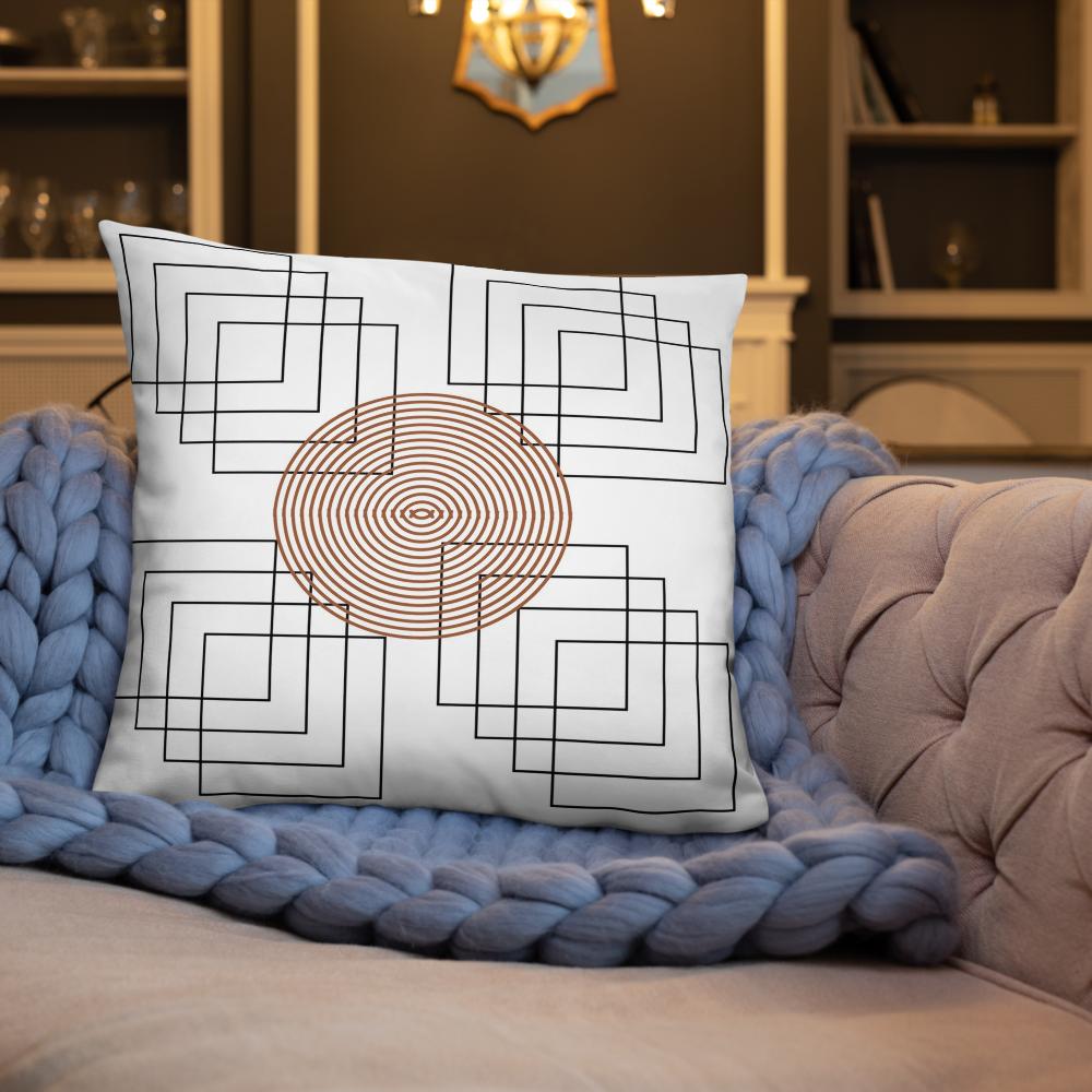 White Throw Pillow with Black Geometric Square Patterns & Brown Round Boho Design – 22x22”