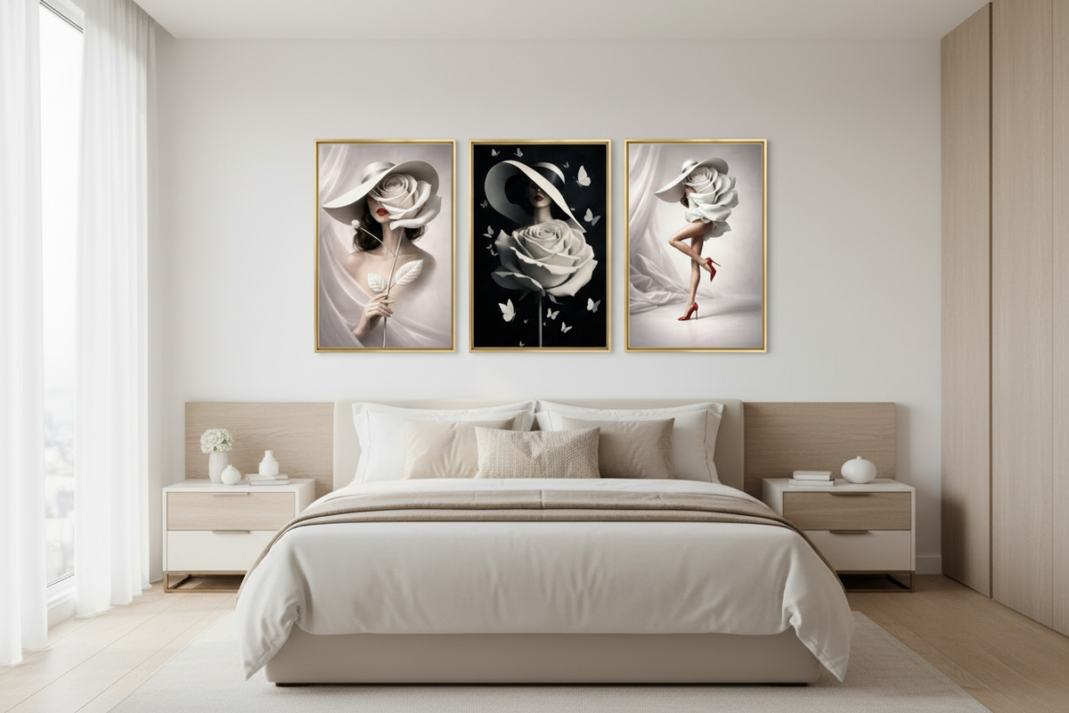 Elegant Fashion Wall Art Bundle with White Rose – 3 Printable Artworks, Instant Download