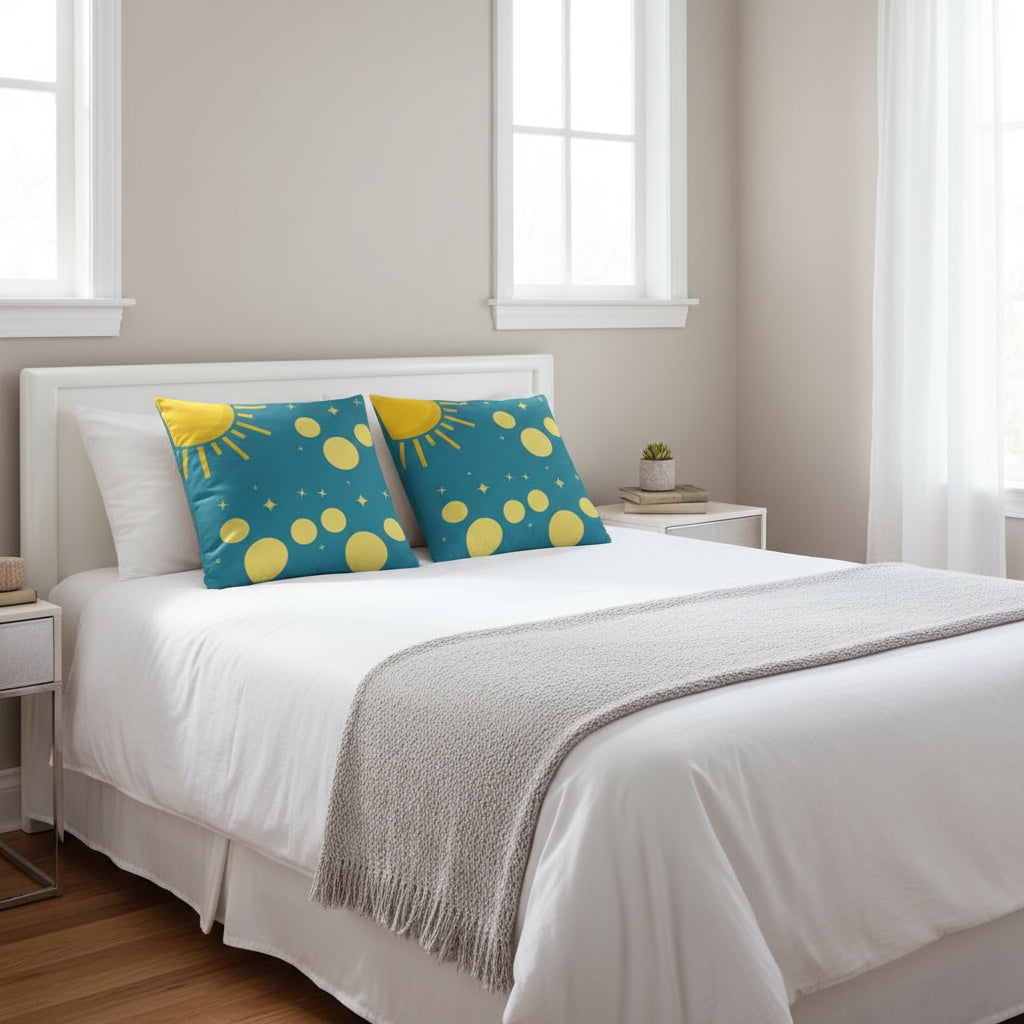 Green Throw Pillow with Sun, Circles & Diamonds – 18x18” | Playful Geometric Accent