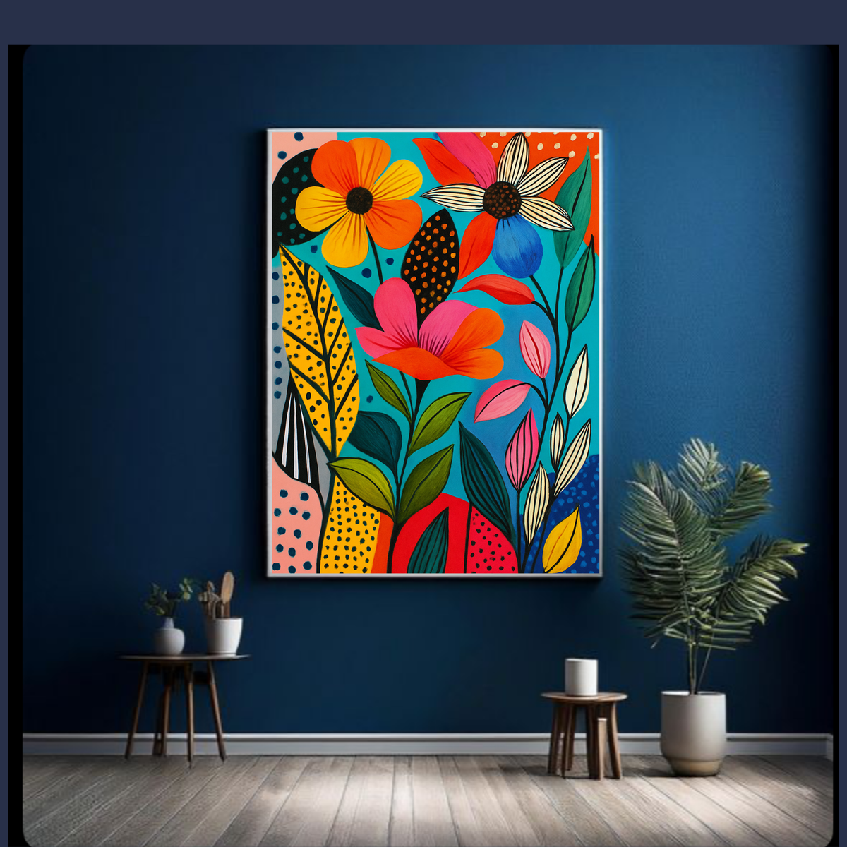 Bold Botanical Flower Wall Art – Colorful Floral Printable on Blue Background