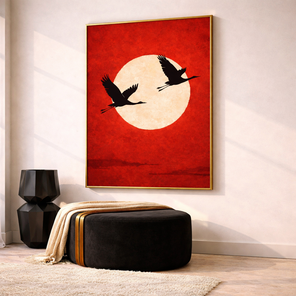 Japanese Crane Wall Art Set – Modern Red Sun Printable Decor – Minimalist Asian Inspired Digital Download (11x14, 16x20, 18x24, 24x36)