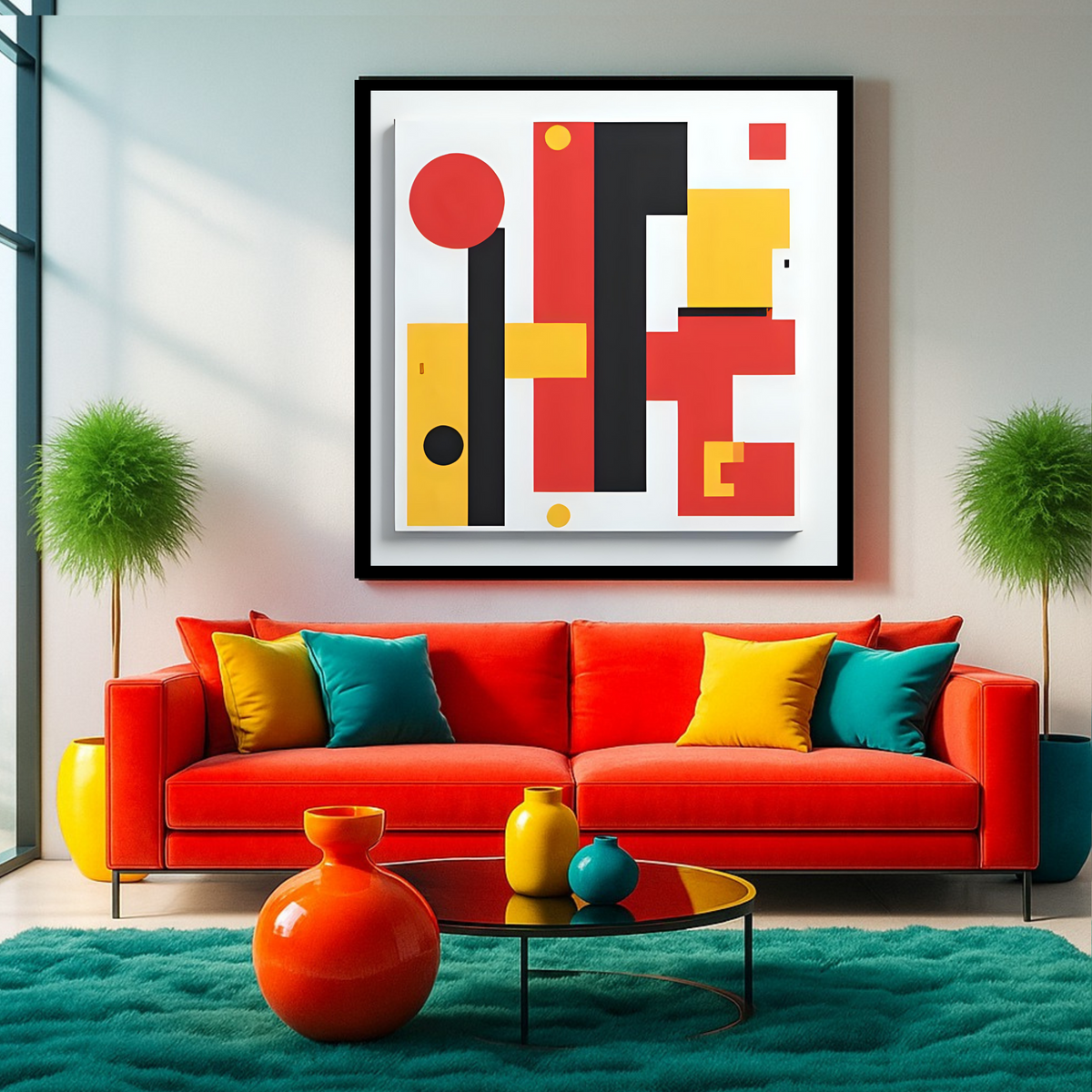 Elegant Abstract Wall Art Set – Yellow, Red & Black (3 Digital Prints – 16x16, 20x20, 24x24 in)