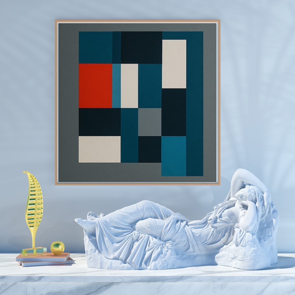 Digital Abstract Wall Art – Multicolor Square Design (Gray, Black, White, Blue, Orange) | 20x20, 24x24, 36x36