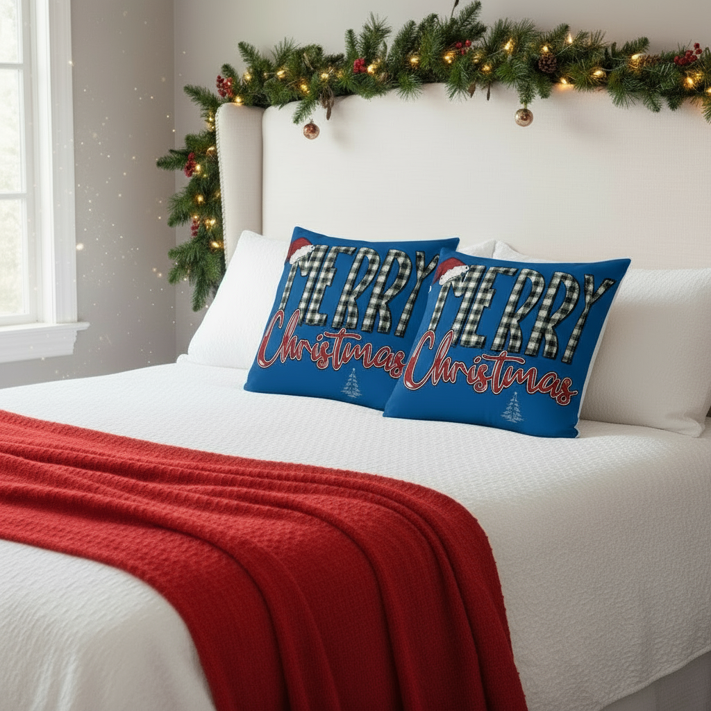 Blue Christmas Throw Pillow – 18x18” & 22x22” Winter Holiday Decorative Cushion for Cozy Home Décor