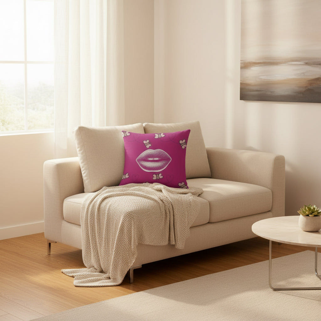 Pink Throw Pillow with Lips & Hearts – 18x18” | Fun & Flirty Pop Art Accent