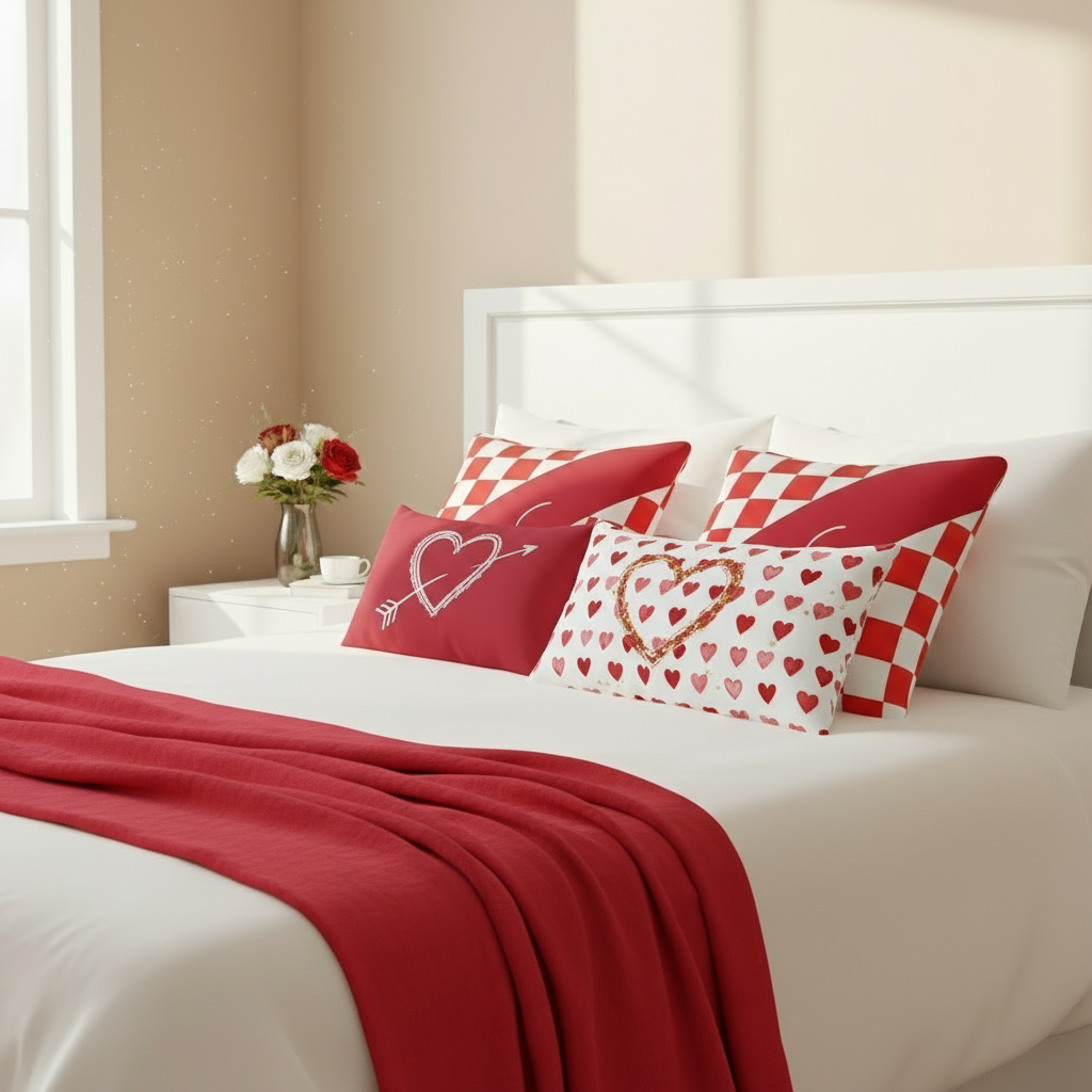 Red & White Valentine Throw Pillow – Romantic Decorative Cushion for Living Room or Bedroom (18x18” & 22x22”)