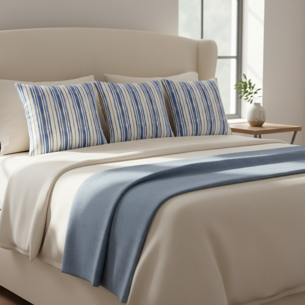Striped Throw Pillow – White with Blue Stripes, Modern Decorative Cushion for Sofa, Bedroom & Living Room, 18x18 & 22x22 in