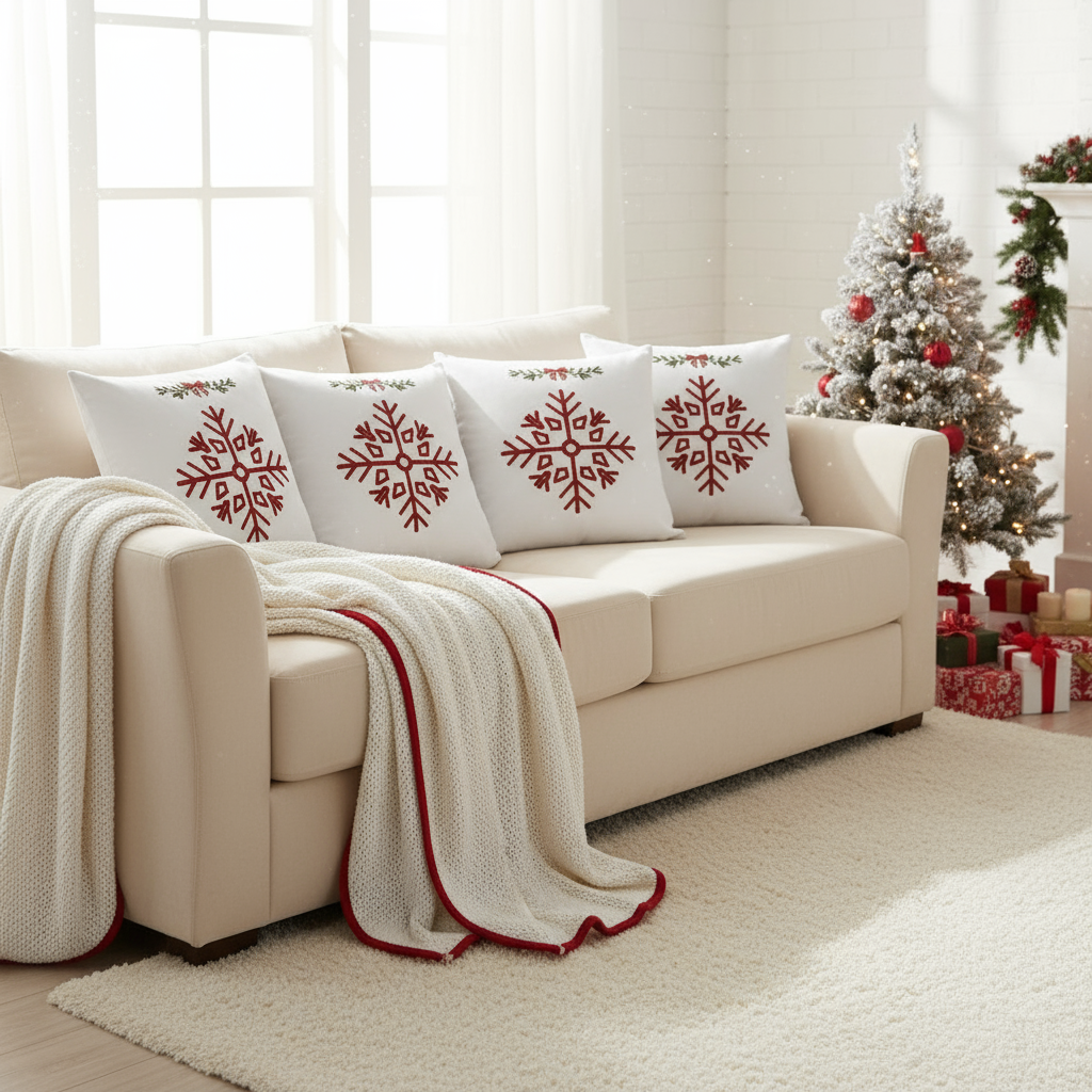 White Christmas Pillow with Red Holiday Decorations – 18x18 & 22x22 Inches
