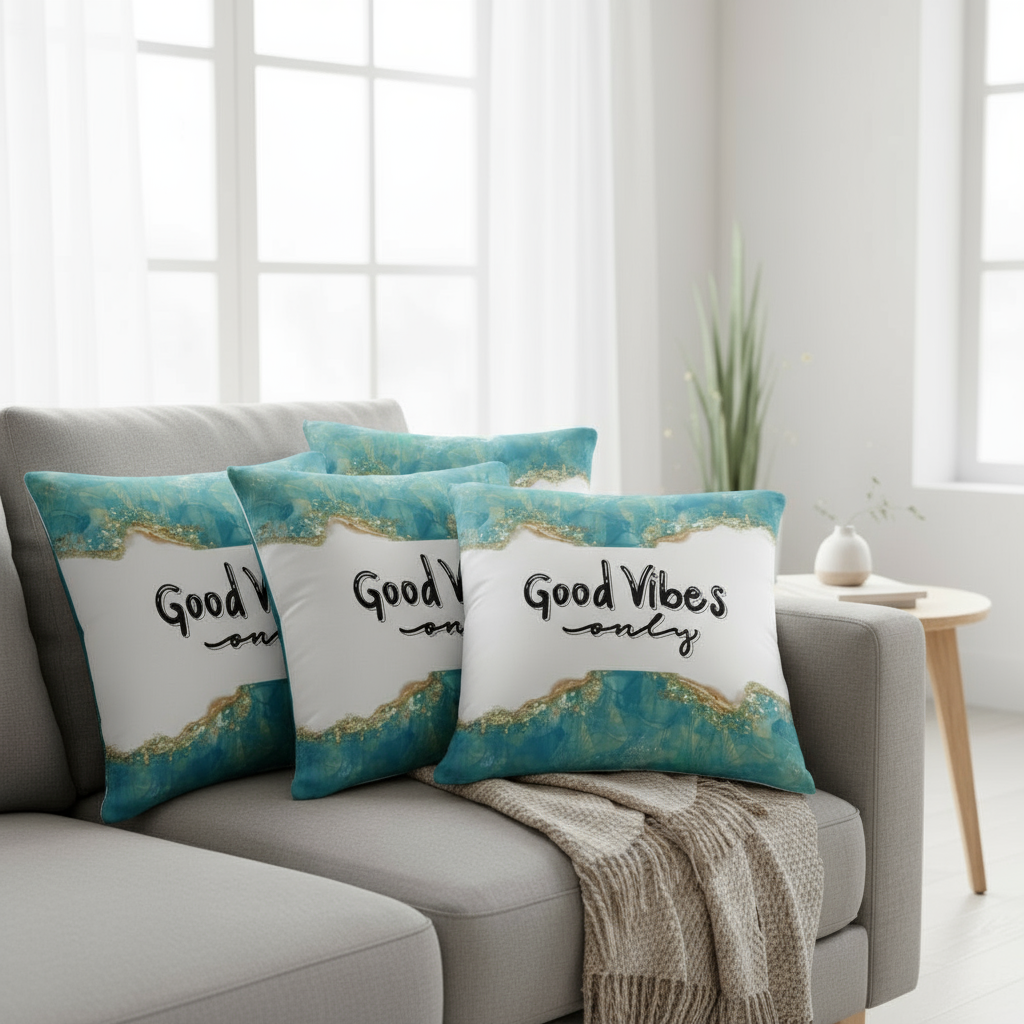 Green & White Marble Throw Pillow with Gold Accents – “Good Vibes Only” Decorative Cushion 22x22”
