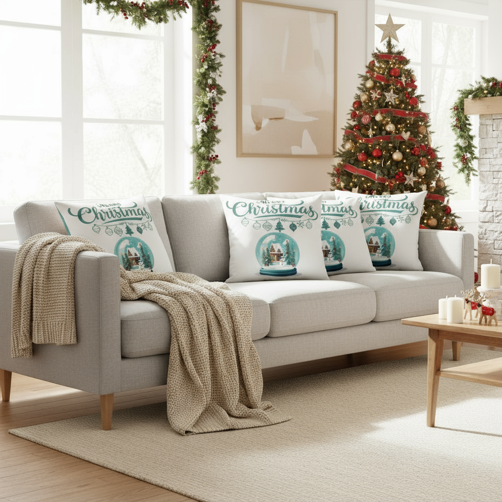White & Mint Green Christmas Throw Pillow 22x22 | Festive Holiday Accent Cushion | Modern Seasonal Décor