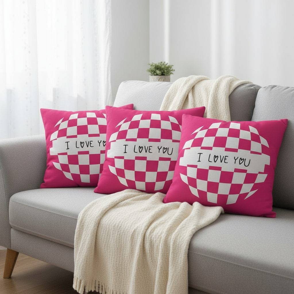 Valentine’s Throw Pillow – Pink and White Checkered Decorative Cushion for Bedroom & Living Room, 22x22 in