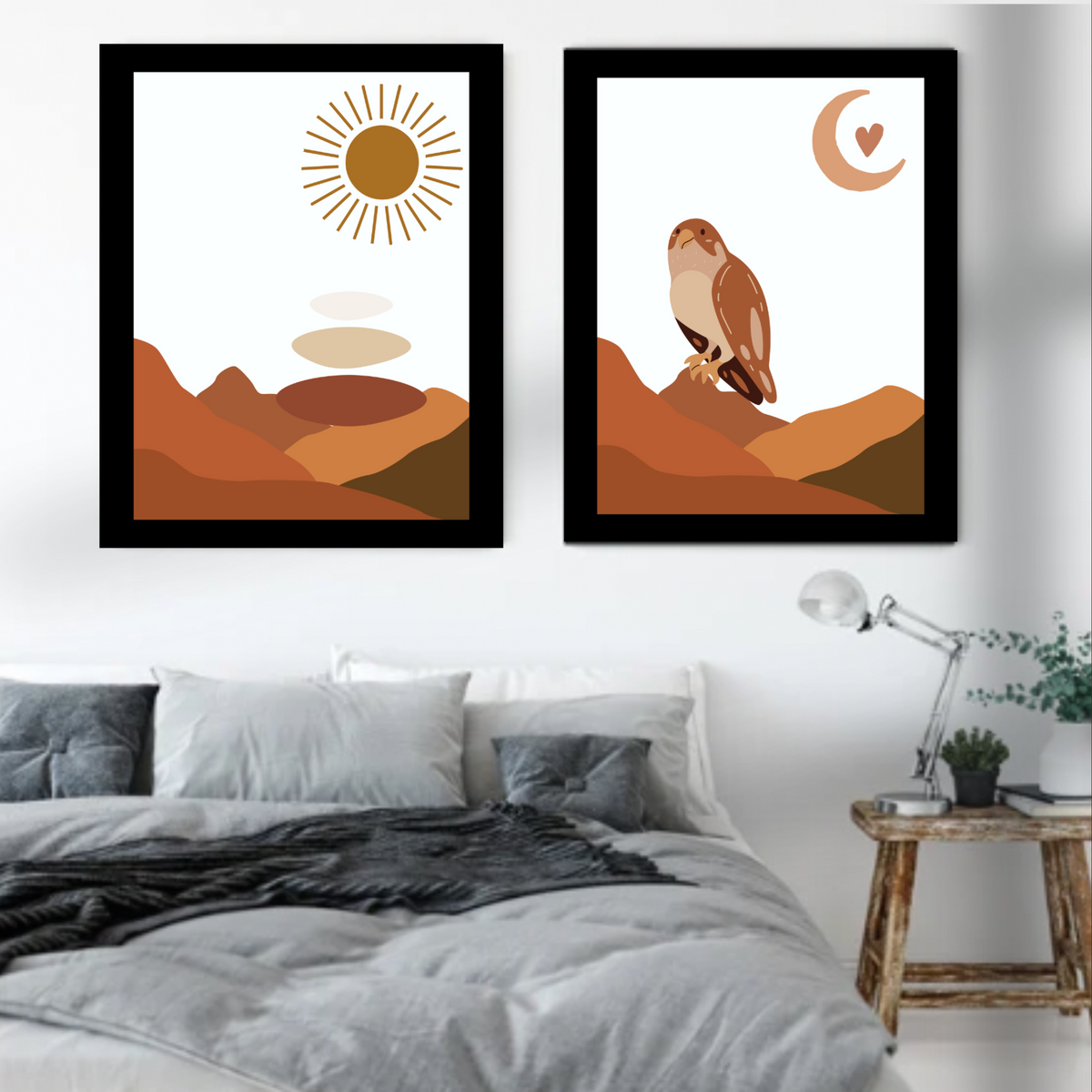 Boho Wall Art Set – 3 Digital Prints – Brown Mountain, Sun, Bird & Butterfly Elements – White Background with Black Borders – 16x20, 18x24, 24x36 in