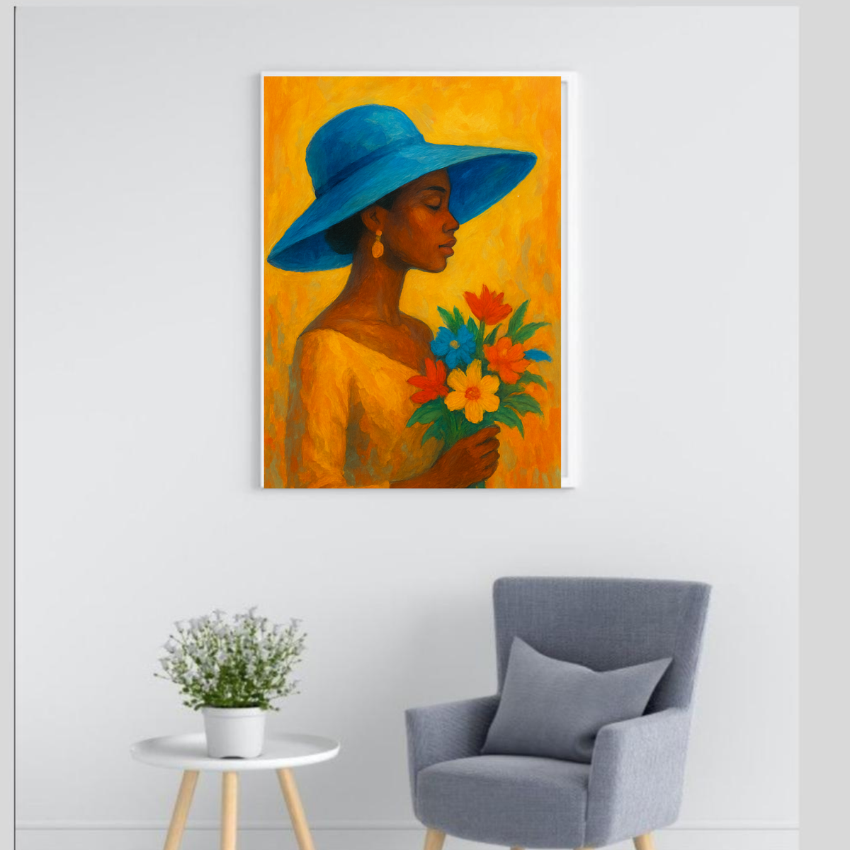 Piece African Woman Wall Art Set – Bold Orange Blue Yellow Portrait | Hat & Bouquet | 16×20 / 18×24 / 24×36