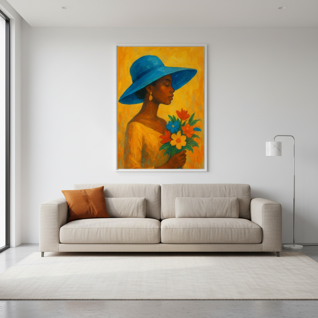 Piece African Woman Wall Art Set – Bold Orange Blue Yellow Portrait | Hat & Bouquet | 16×20 / 18×24 / 24×36